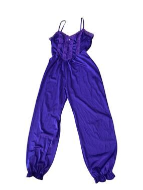 Vintage 80s Purple Nylon Loungewear Genie Harem Jumpsuit Lace Lingerie USA -